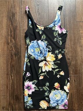 iris Black Floral Bodycon Mini Dress with Blue & Yellow Blooms